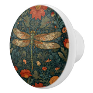 Bouton De Porte En Céramique Vintage dragonfly orange floral vert boho chic