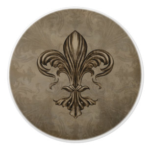 Bouton De Porte En Céramique Vintage Fleur de lis Sepia
