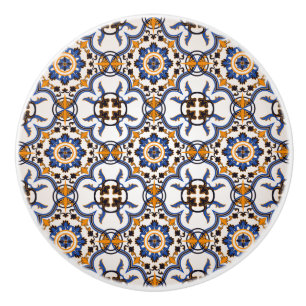 Bouton De Porte En Céramique Vintage Portugais Azulejo Blue Yellow Motif