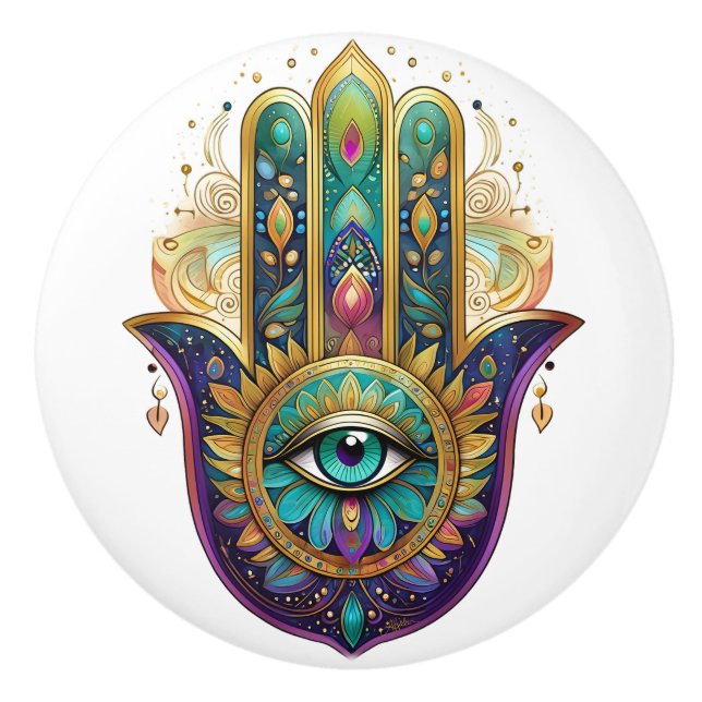Bouton De Porte En Céramique Violet Green Gold Petals Hamsa Turquoise Third Eye (Devant)