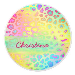 Bouton De Porte En Céramique Vivid arc-en-ciel leopard motif nom personnalisé