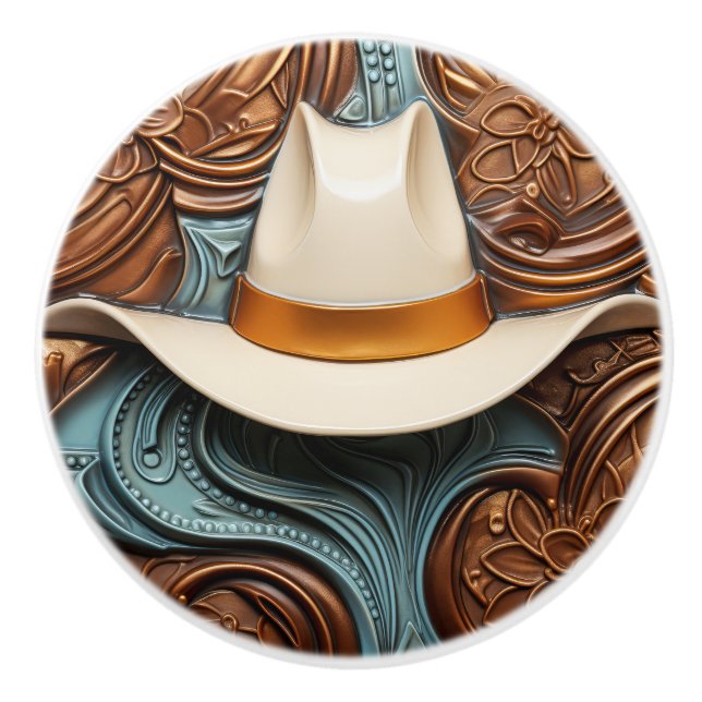 Bouton De Porte En Céramique Western White Ranch Cowboy Casquette (Devant)