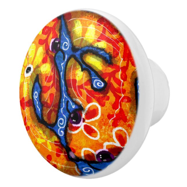 Bouton De Porte En Céramique Whimsical Abstrait Koi Poisson Bleu Orange Floral (Droite)