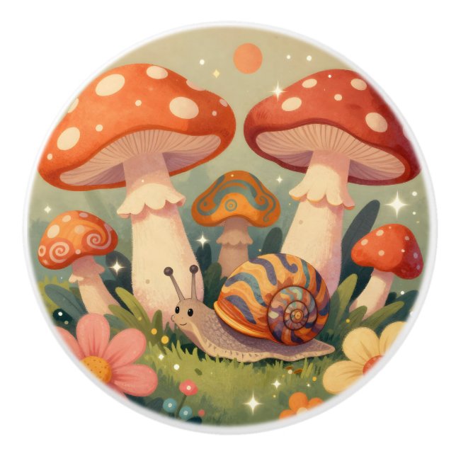 Bouton De Porte En Céramique Whimsical Cottage Core Mushrooms and Snail (Devant)
