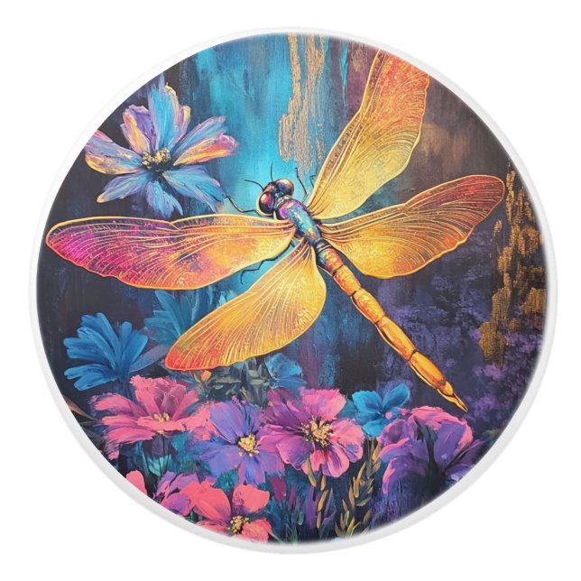 Bouton De Porte En Céramique Whimsical Dragon Fly Garden Glow  (Devant)
