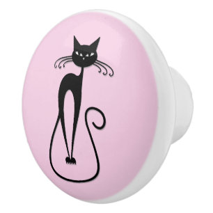 Bouton De Porte En Céramique Whimsical Skinny Chat noir rose