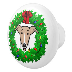 Bouton De Porte En Céramique Whippet Wreath & Lights de Noël - Faune et blanc