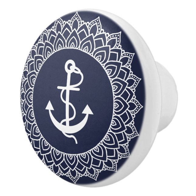 Bouton De Porte En Céramique White Circle Mandala & Boat Ancre (Droite)