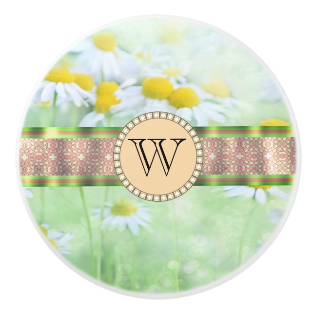 Bouton De Porte En Céramique White Daisy's in Green Meadow Monogramme (Devant)