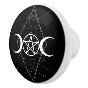 Bouton De Porte En Céramique Wicca noir et blanc de lune de pentagone étoilé
