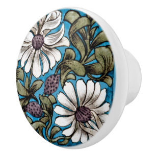 Bouton De Porte En Céramique William * De Morgan Sprig de fleurs Turquoise blan