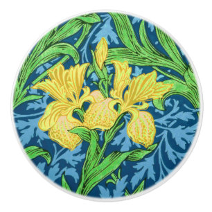 Bouton De Porte En Céramique William Morris Irises, jaune et bleu de cobalt