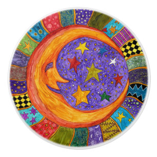 Bouton de porte Soleil, Lune et Étoiles - Céramiqu