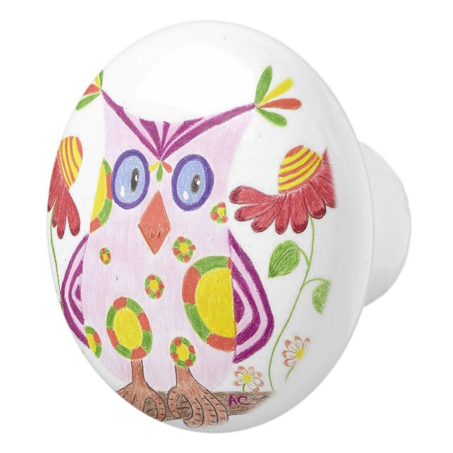 Bouton en céramique de hibou de pièce rose-clair (Droite)