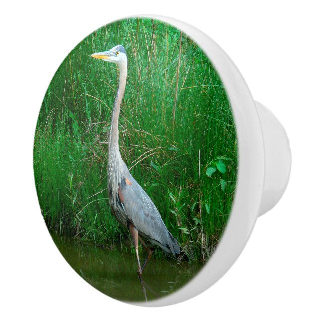 BOUTON EN CÉRAMIQUE "HÉRON BLEU SE TENANT DANS (Droite)
