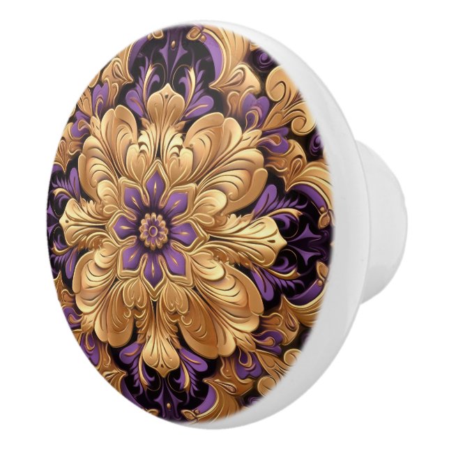 Bouton en céramique violet et or fleuri (Droite)