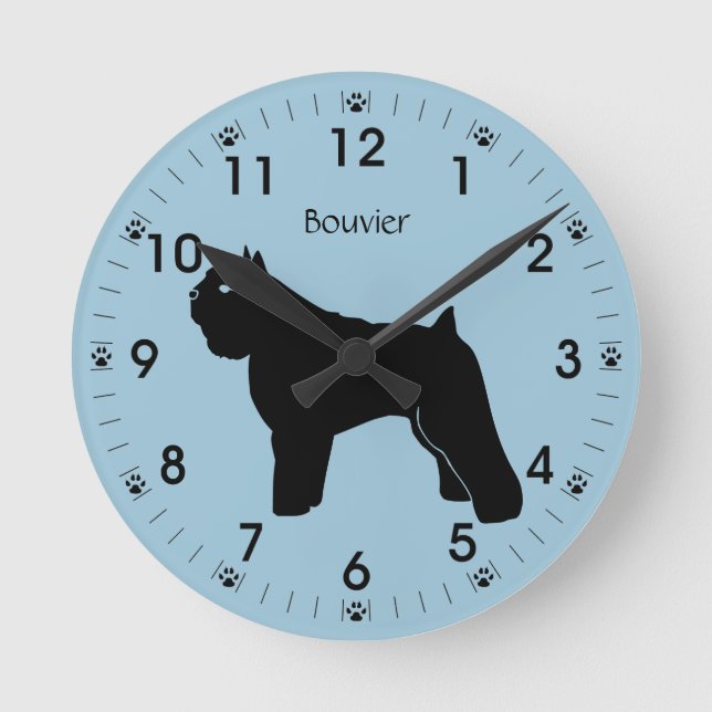 Bouvier des Flanders Dog Silhouette Personalized Round Clock (Front)