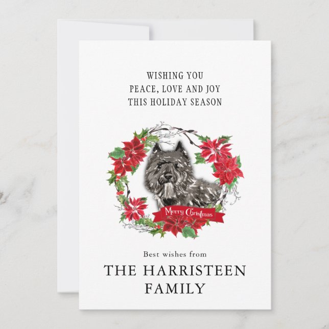 Bouvier des Flandres Christmas Poinsettia Wreath Holiday Card (Front)