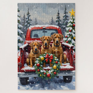 Bouvier des Flandres Christmas Red Truck Holiday Jigsaw Puzzle