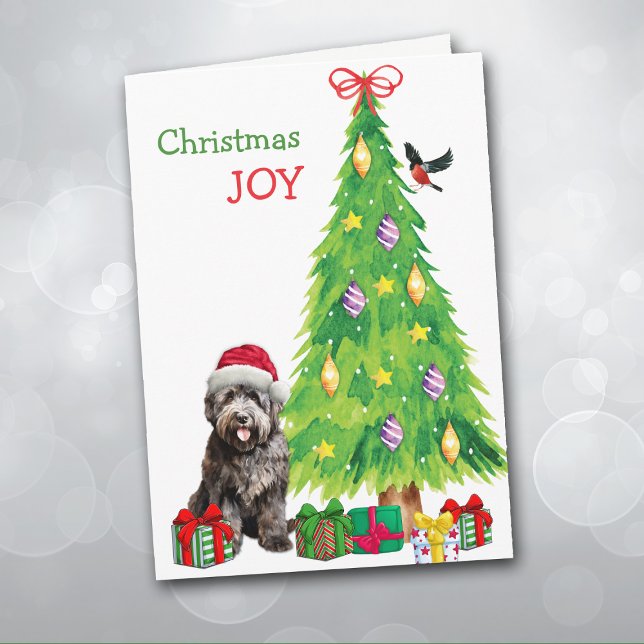 Bouvier des Flandres Dog, Bird and Christmas Tree Holiday Card (Creator Uploaded)