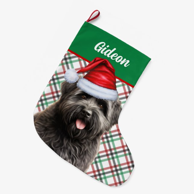 Bouvier des Flandres Dog Plaid Personalized Large Christmas Stocking (Front (Hanging))