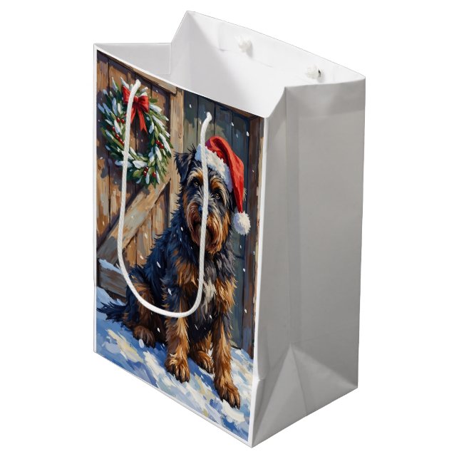 Bouvier des Flandres Snowy Farm Christmas Medium Gift Bag (Front Angled)
