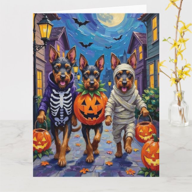 Bouvier des Flandres Trick-or-Treating Halloween Card (Yellow Flower)