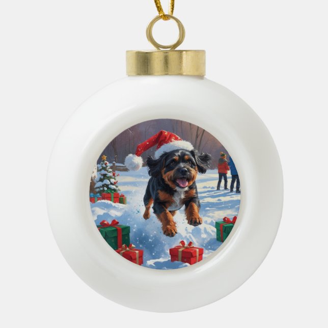 Bouviers des Flandres Christmas Festive Snow Scene Ceramic Ball Christmas Ornament (Front)