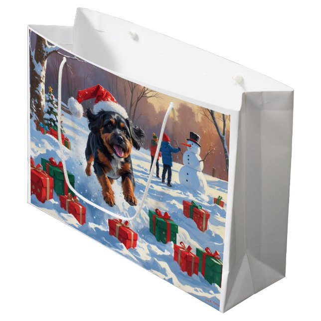 Bouviers des Flandres Christmas Festive Snow Scene Large Gift Bag (Front Angled)