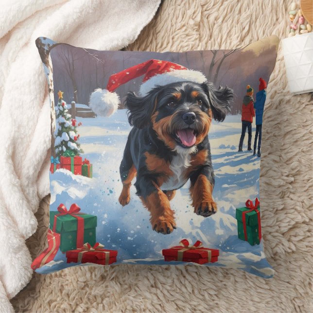Bouviers des Flandres Christmas Festive Snow Scene Throw Pillow (Blanket)