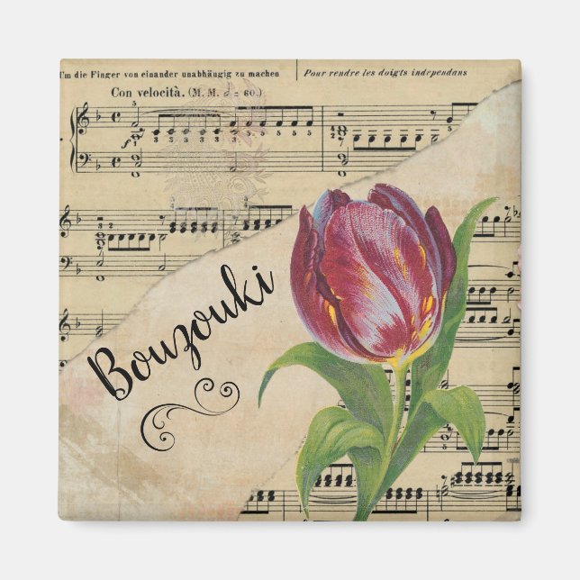 Bouzouki Elegant Tulip Vintage Sheet Music Magnet (Front)