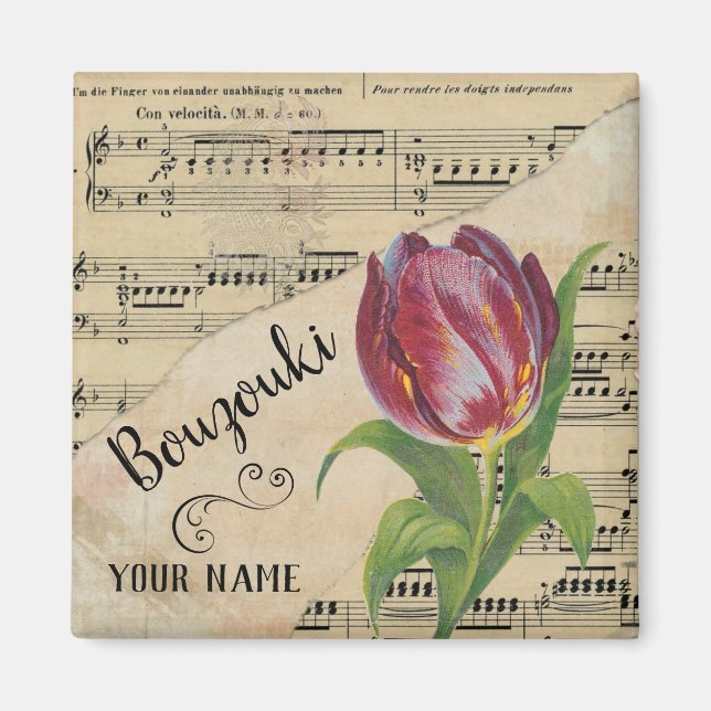 Bouzouki Tulip Vintage Sheet Music Customized Magnet (Front)