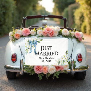 Bow and Flowers Preppy Just Married Car Banner