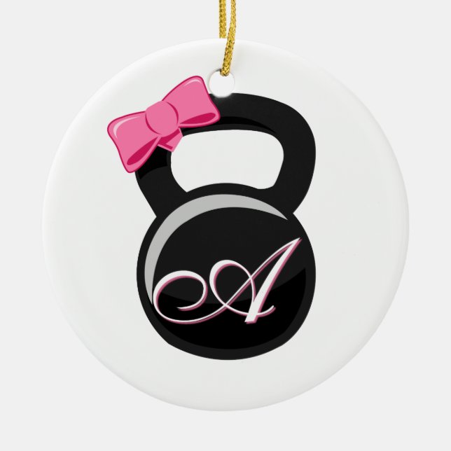 Bow and Monogram Kettlebell Pink "A" Ceramic Ornament (Front)