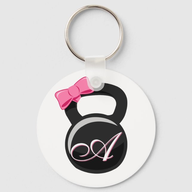 Bow and Monogram Kettlebell Pink "A" Keychain (Front)