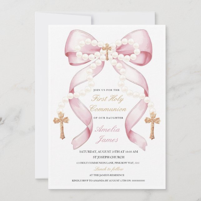 Bow and Pearls Holy Communion Invitation | Elegant (Front)