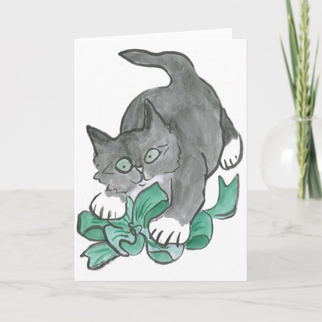 Bow Attack by Grey Kitten Holiday Card (Front)