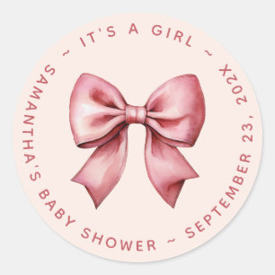 Bow Baby Shower Blush Pink & Red It's a Girl Classic Round Sticker