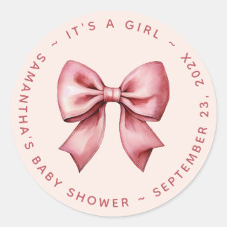 Bow Baby Shower Blush Pink & Red It's a Girl Classic Round Sticker