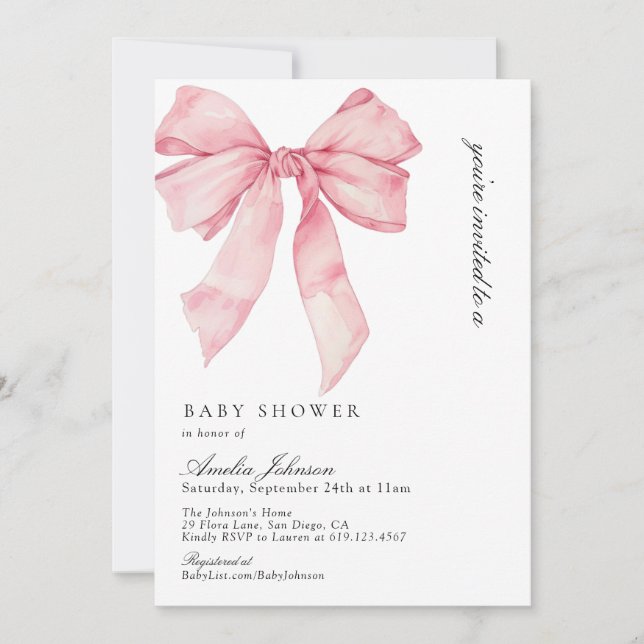 Bow Baby Shower, Pink Girl Baby Shower Invitation (Front)