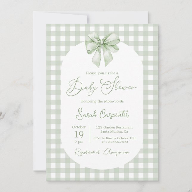 Bow Baby Shower Sage Green invitation with bow (Front)