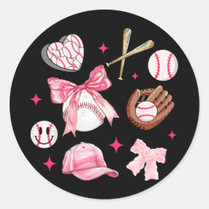 Bow Baseball Mom Pink Bow Mothers Day Women Girls Classic Round Sticker