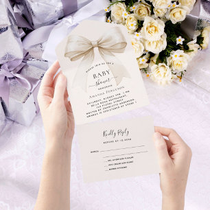 Bow beige cream gender neutral BABY Shower rsvp All In One Invitation