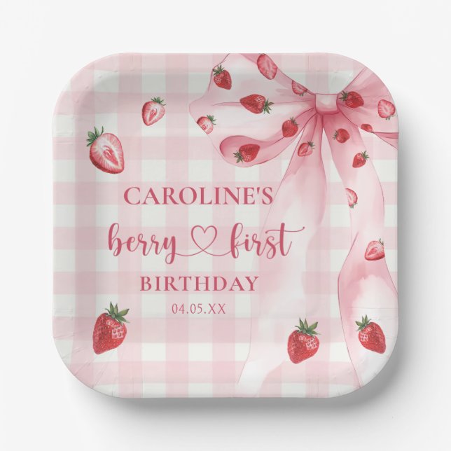 Bow Berry First Strawberry Birthday Paper Plates (Front)