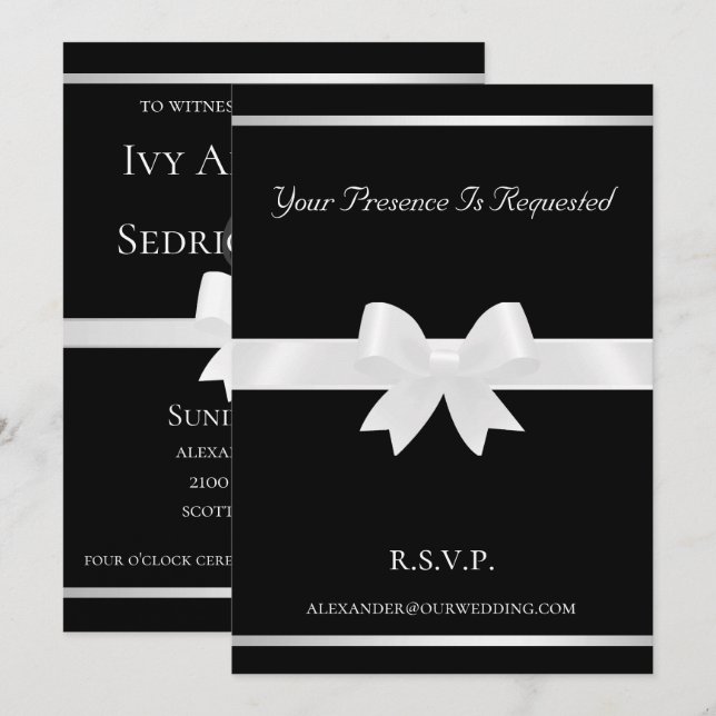 Bow blanc & Black Classic Faire-part de mariage (Devant / Derrière)