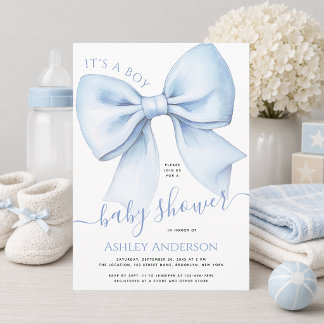 Bow Blue & White Watercolor It's a Boy Baby Shower Invitation