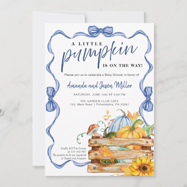 Bow Boy Fall Baby Shower Flowers and Pumpkins Save The Date (Front)