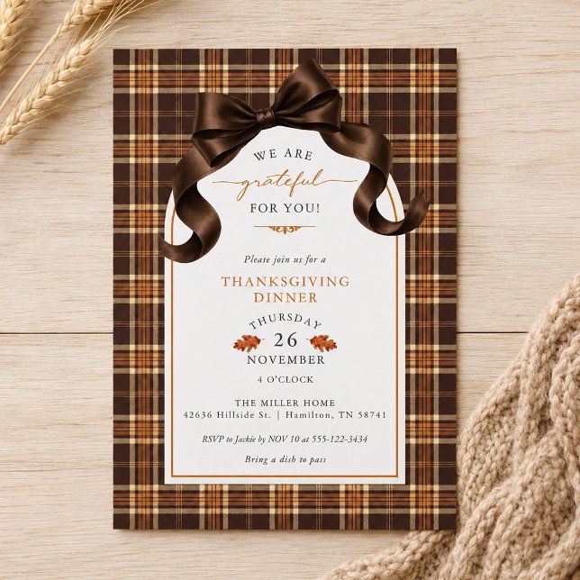 Bow Brown and Orange Plaid Thanksgiving Dinner Invitation (Bow Brown and Orange Plaid Thanksgiving Dinner Invitation)