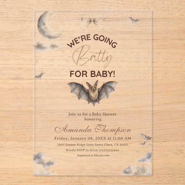 Bow Celestial We're Going Batty for Baby Shower Acrylic Invitations (Front)