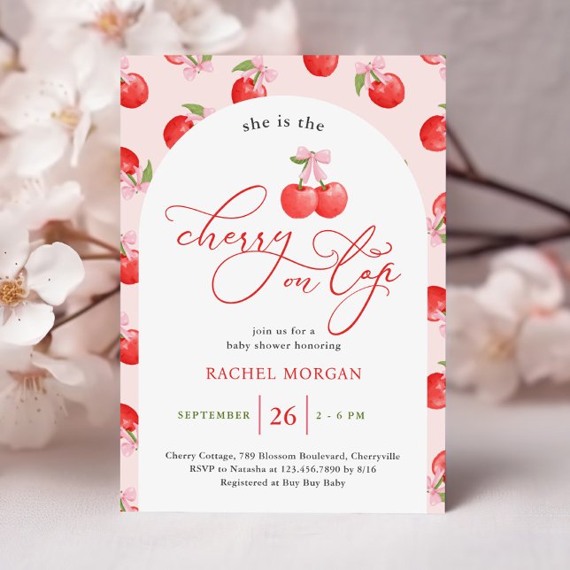 Bow Cherry on Top Baby Girl Shower Invitation (Creator Uploaded)